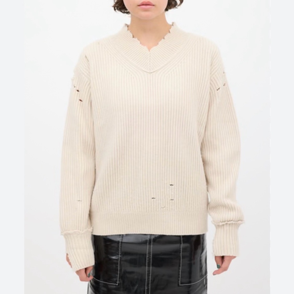 Helmut Lang Cream V-Neck Ribbed Sweater
